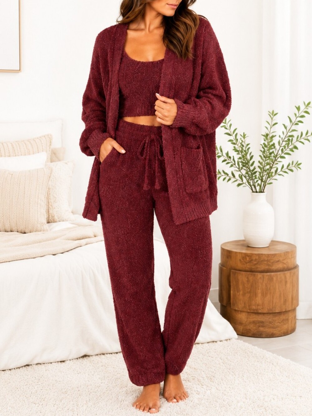 Pleshy Cozy 4 Piece Lounge Set Burgundy Eyelash Knit Cardigan Shorts Pants S